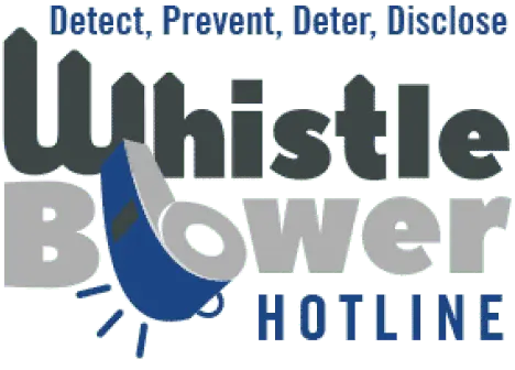 Logo for Whistle Blower Hotline with blue megaphone incorporated into the letter "B" in "Blower." Slogan above logo reads "Detect, Prevent, Deter, Disclose" in smaller text.