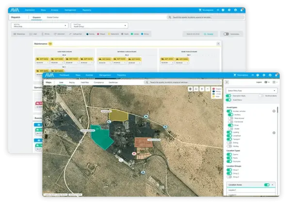 Uma captura de tela de uma interface de sistema de informações geográficas (GIS). A seção superior mostra um painel de dados com filtros e indicadores de status. A seção inferior exibe um mapa aéreo com áreas rotuladas em várias cores, sobrepostas com ícones e opções no painel lateral.