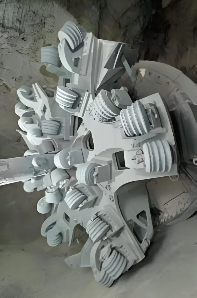 Uma moderna máquina de perfuração de túneis com peças mecânicas complexas e cortadores rotativos está posicionada no subsolo. O aparelho cinza e metálico foi projetado para escavação, com várias cabeças de corte circulares grandes e componentes pesados visíveis.