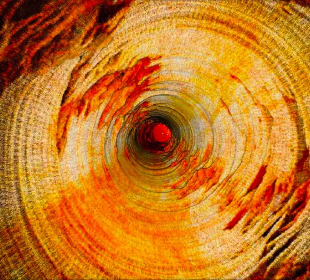 Uma obra de arte abstrata que apresenta uma espiral semelhante a um vórtice em tons ardentes de vermelho, laranja e amarelo. A espiral parece ter uma superfície texturizada que lembra chamas rodopiantes, com o centro desbotando para um vermelho mais escuro e profundo, dando uma sensação de profundidade e intensidade.